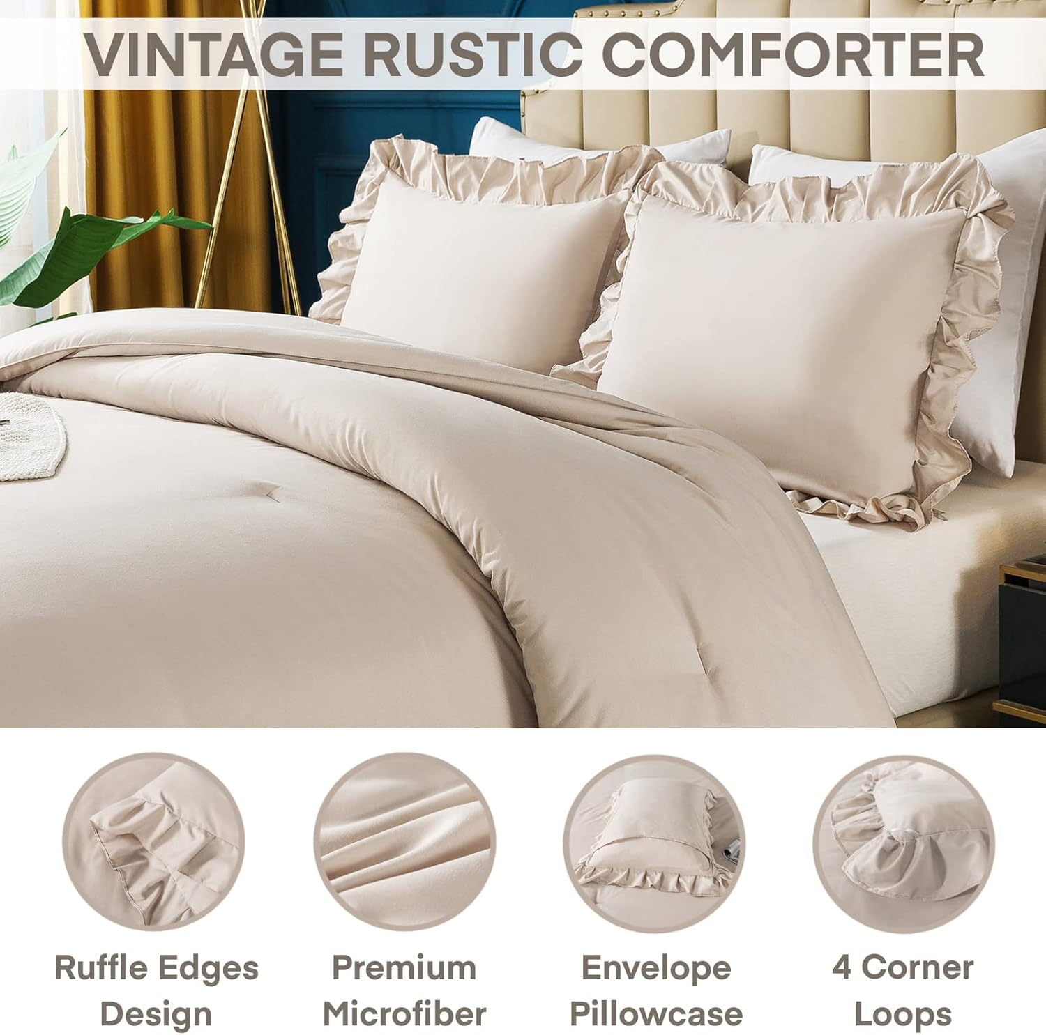 Khaki Queen Comforter Set, 3 Pieces Farmhouse Shabby Chic Bedding Set for Queen Bed, All Season Soft Lightweight Microfiber Bed Set for Men Women